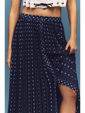 Anthropologie Maeve Pleated Button-Front Maxi Skirt Navy Blue Polka Dot 2X